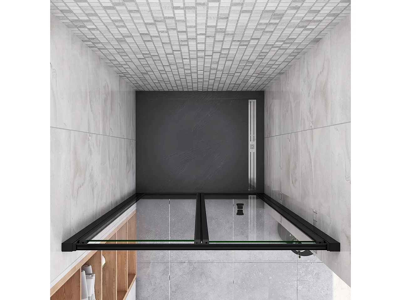 185 cm Box Doccia per Nicchia Porta a Soffietto Vetro Temperato 5 mm Trasparente  Profilo Nero Opaco 70 cm