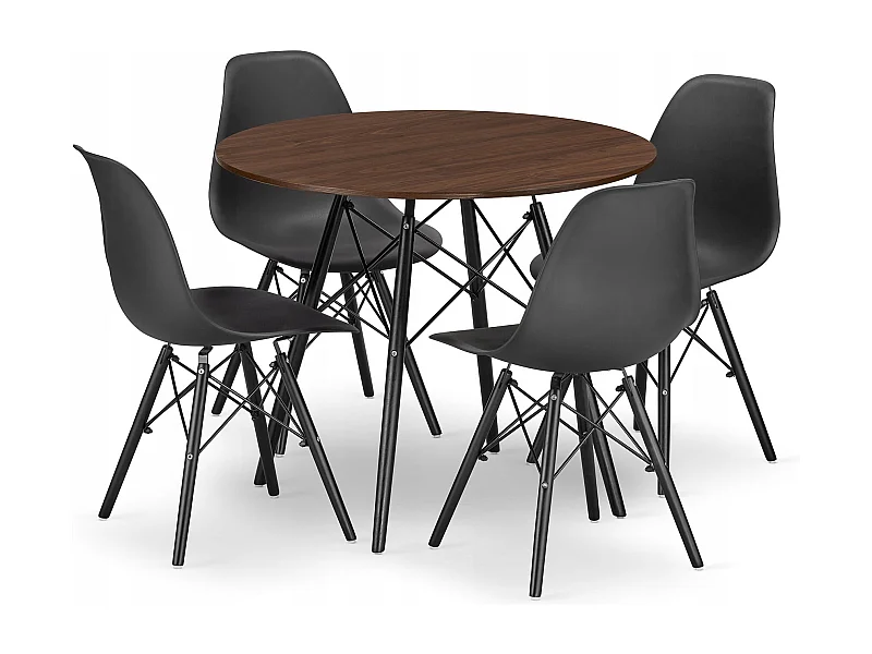 Ensemble table ronde Valora KOVA 80, chaises frêne et noires pour salle à manger (x4)
