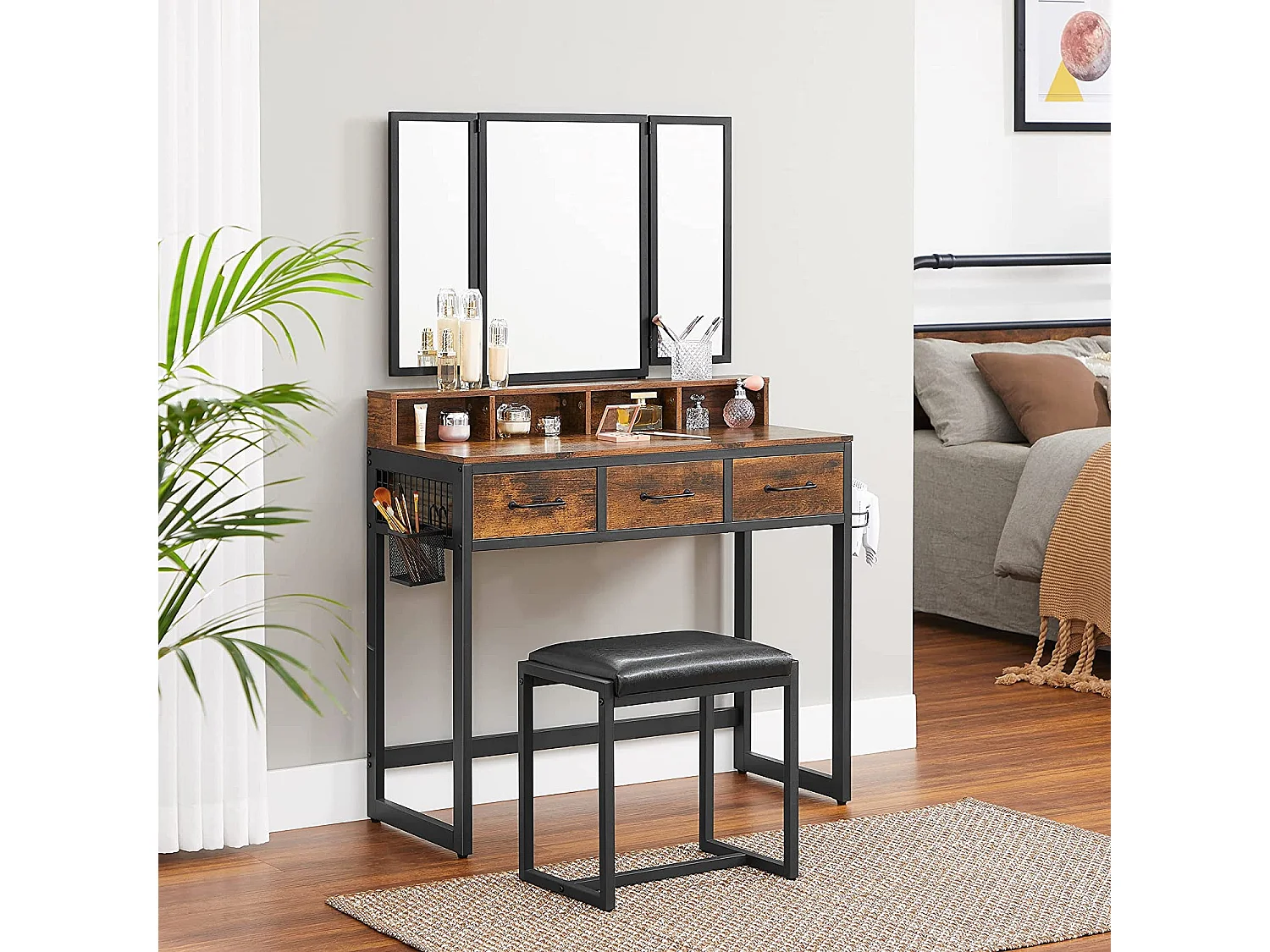 Coiffeuse rustique Valora avec acier noir et verre