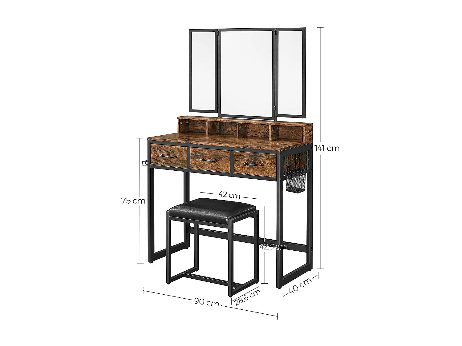 Coiffeuse rustique Valora avec acier noir et verre