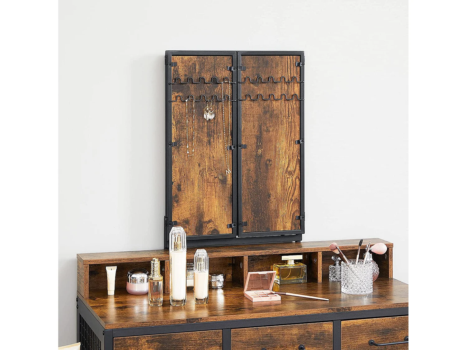 Coiffeuse rustique Valora avec acier noir et verre