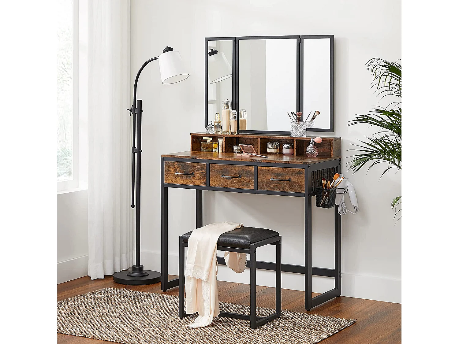 Coiffeuse rustique Valora avec acier noir et verre