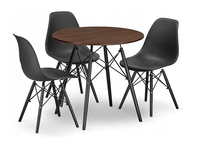 Ensemble table ronde Valora KOVA 80, chaises frêne et noires x3
