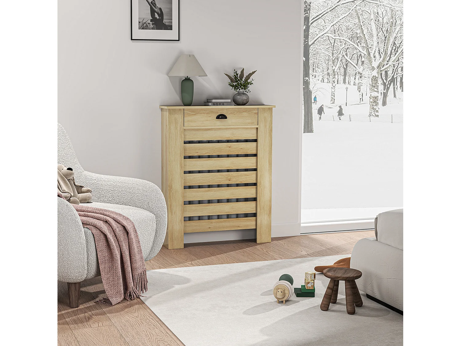 Cache-radiateur design panneau avec tiroir lattes horizontales dim. 78 x 19 x 95 cm effet bois clair