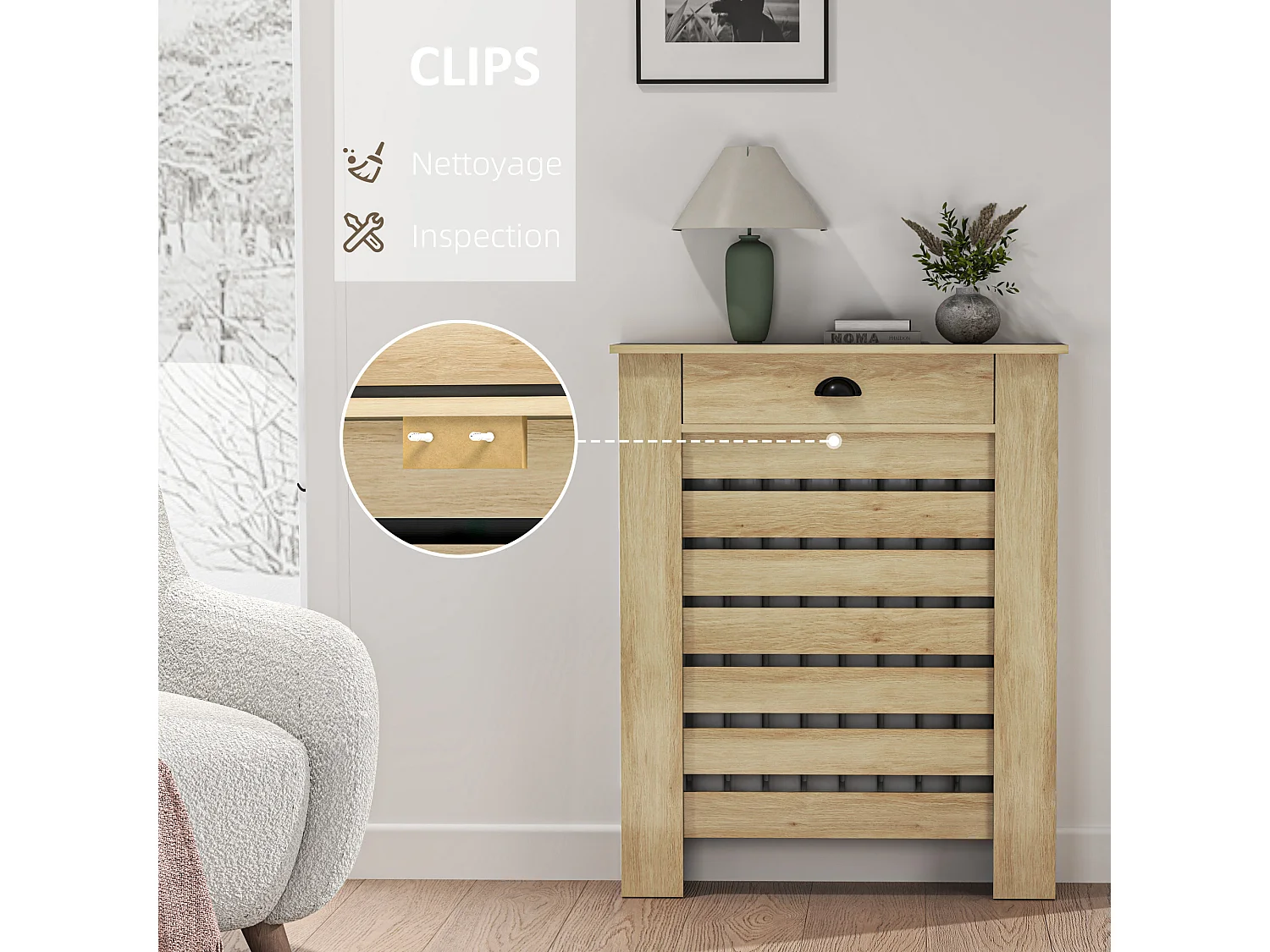 Cache-radiateur design panneau avec tiroir lattes horizontales dim. 78 x 19 x 95 cm effet bois clair