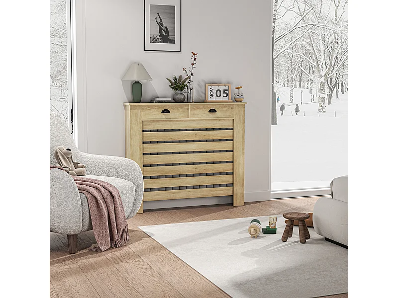 Cache-radiateur design panneau avec 2 tiroirs lattes horizontales dim. 111 x 19 x 95 cm effet bois clair
