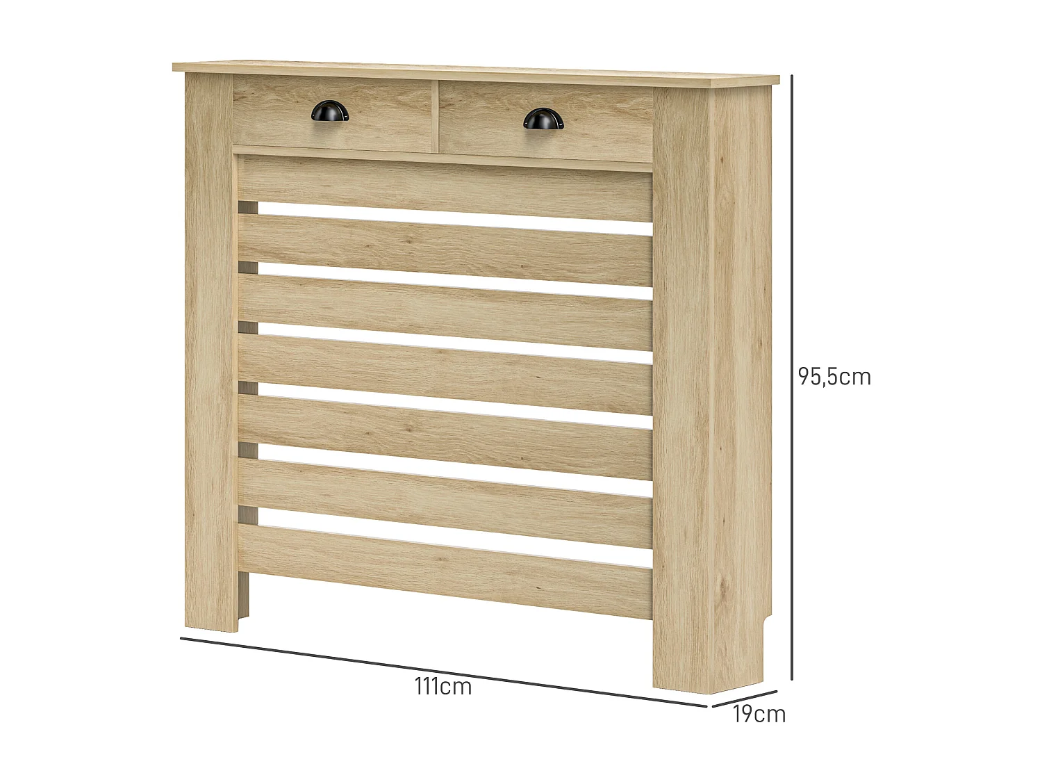Cache-radiateur design panneau avec 2 tiroirs lattes horizontales dim. 111 x 19 x 95 cm effet bois clair