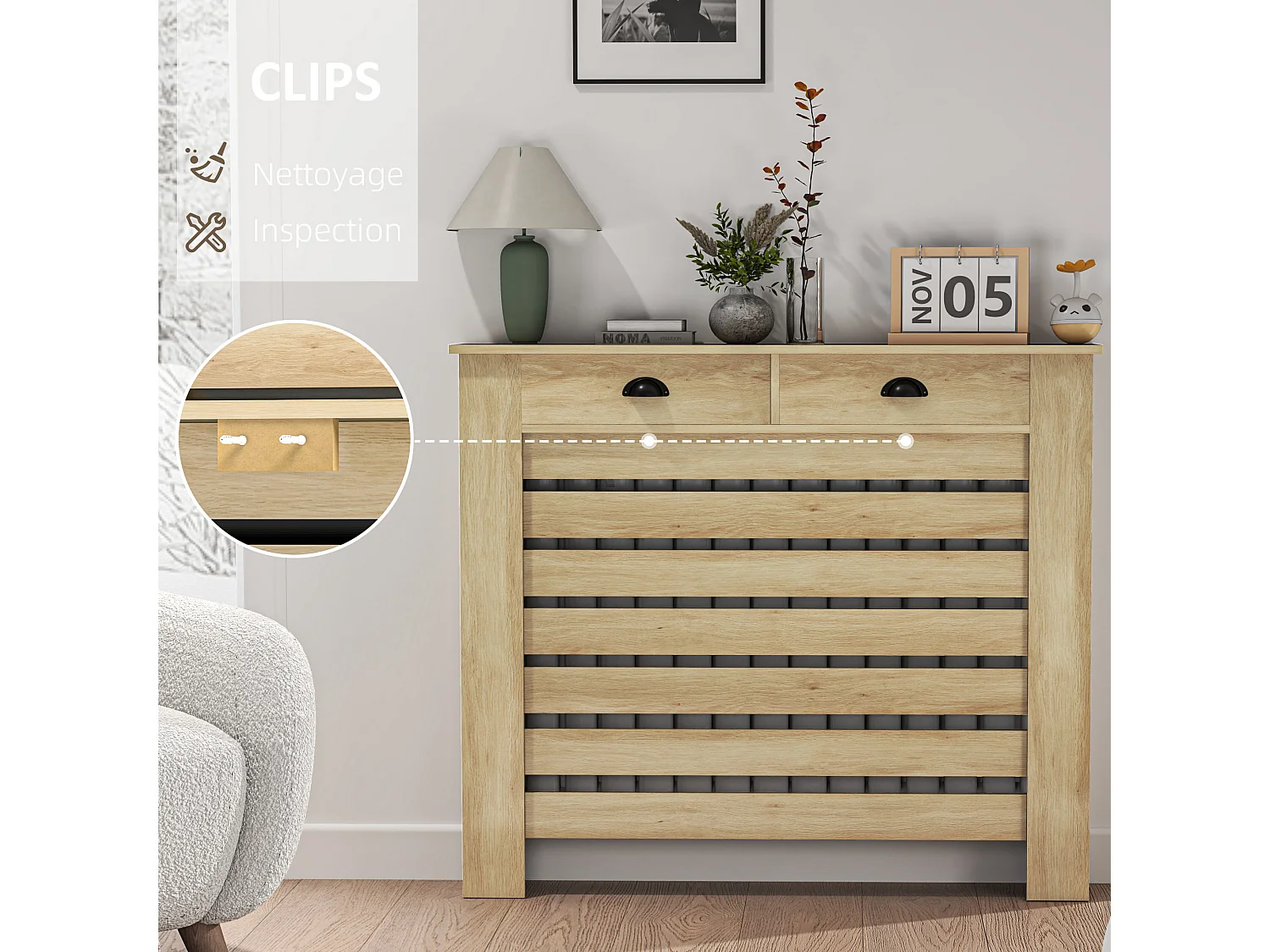 Cache-radiateur design panneau avec 2 tiroirs lattes horizontales dim. 111 x 19 x 95 cm effet bois clair