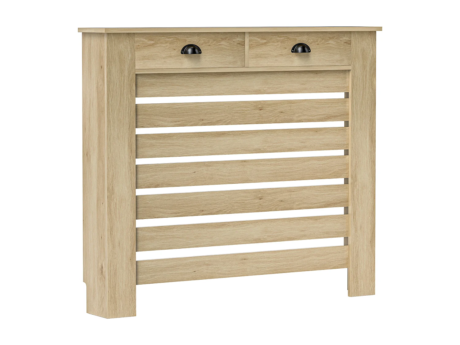 Cache-radiateur design panneau avec 2 tiroirs lattes horizontales dim. 111 x 19 x 95 cm effet bois clair