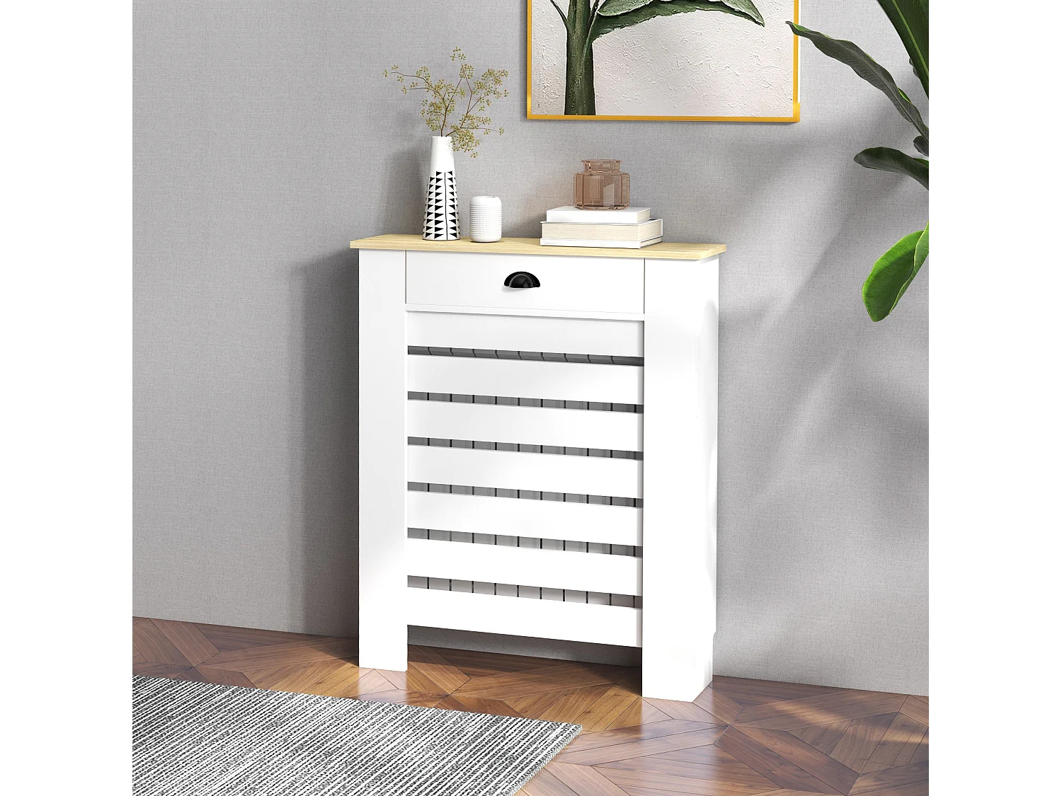 Cache-radiateur design panneau avec tiroir lattes horizontales dim. 78 x 19 x 95 cm effet bois clair blanc
