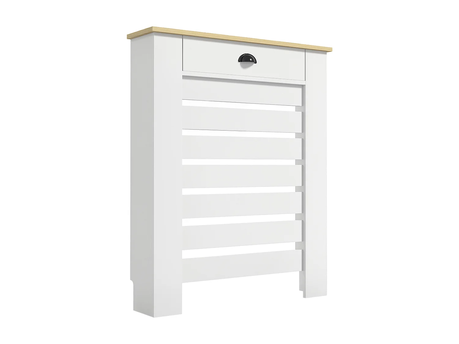 Cache-radiateur design panneau avec tiroir lattes horizontales dim. 78 x 19 x 95 cm effet bois clair blanc