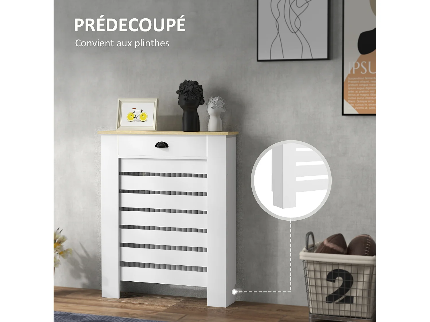 Cache-radiateur design panneau avec tiroir lattes horizontales dim. 78 x 19 x 95 cm effet bois clair blanc