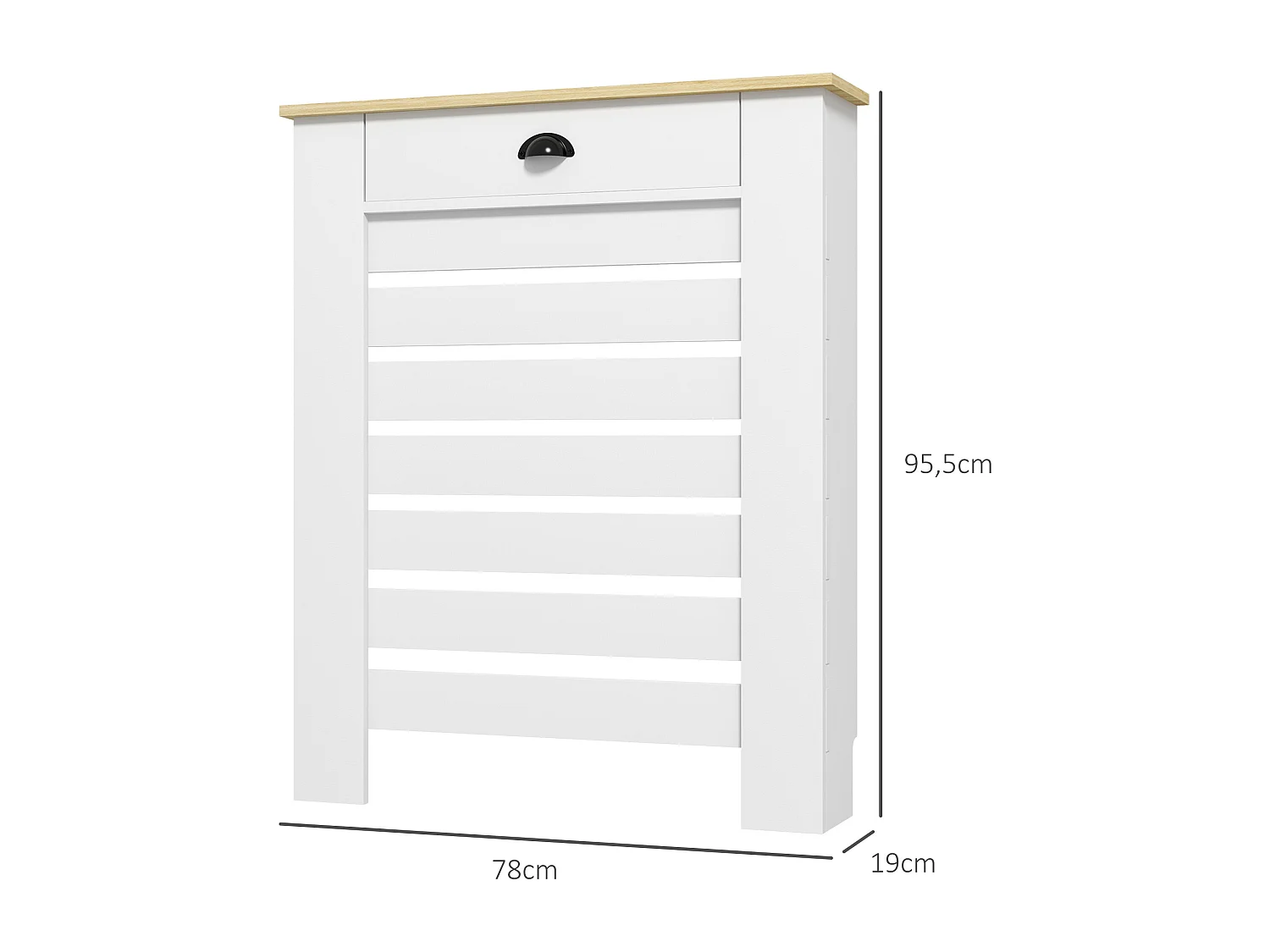 Cache-radiateur design panneau avec tiroir lattes horizontales dim. 78 x 19 x 95 cm effet bois clair blanc