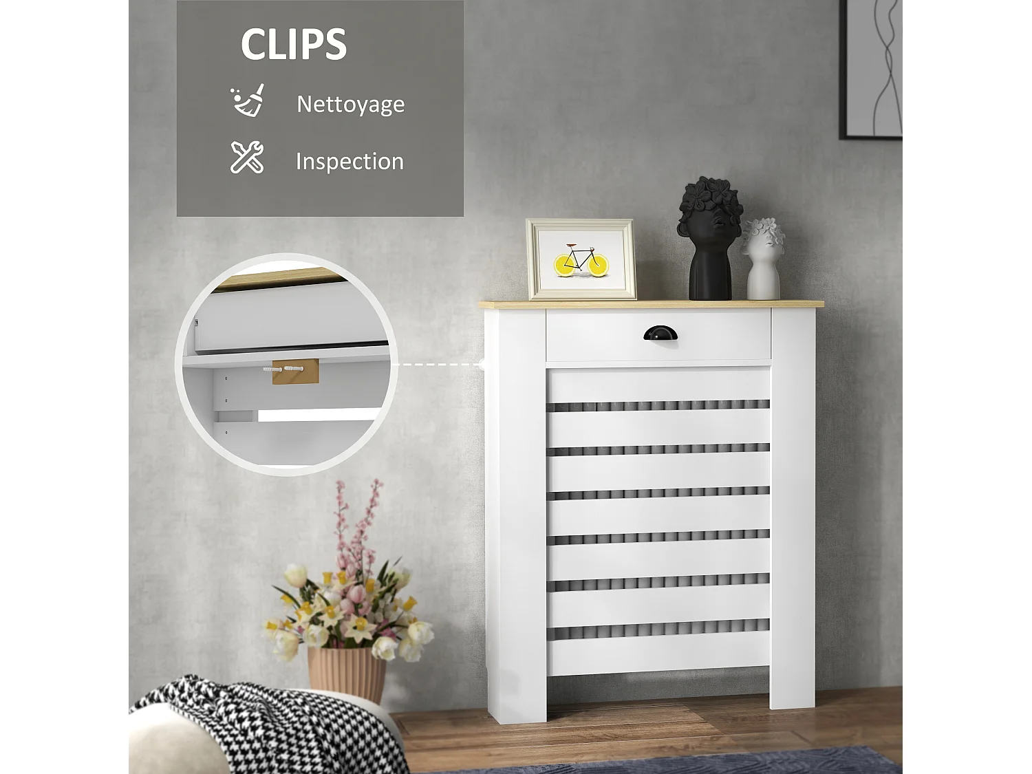 Cache-radiateur design panneau avec tiroir lattes horizontales dim. 78 x 19 x 95 cm effet bois clair blanc