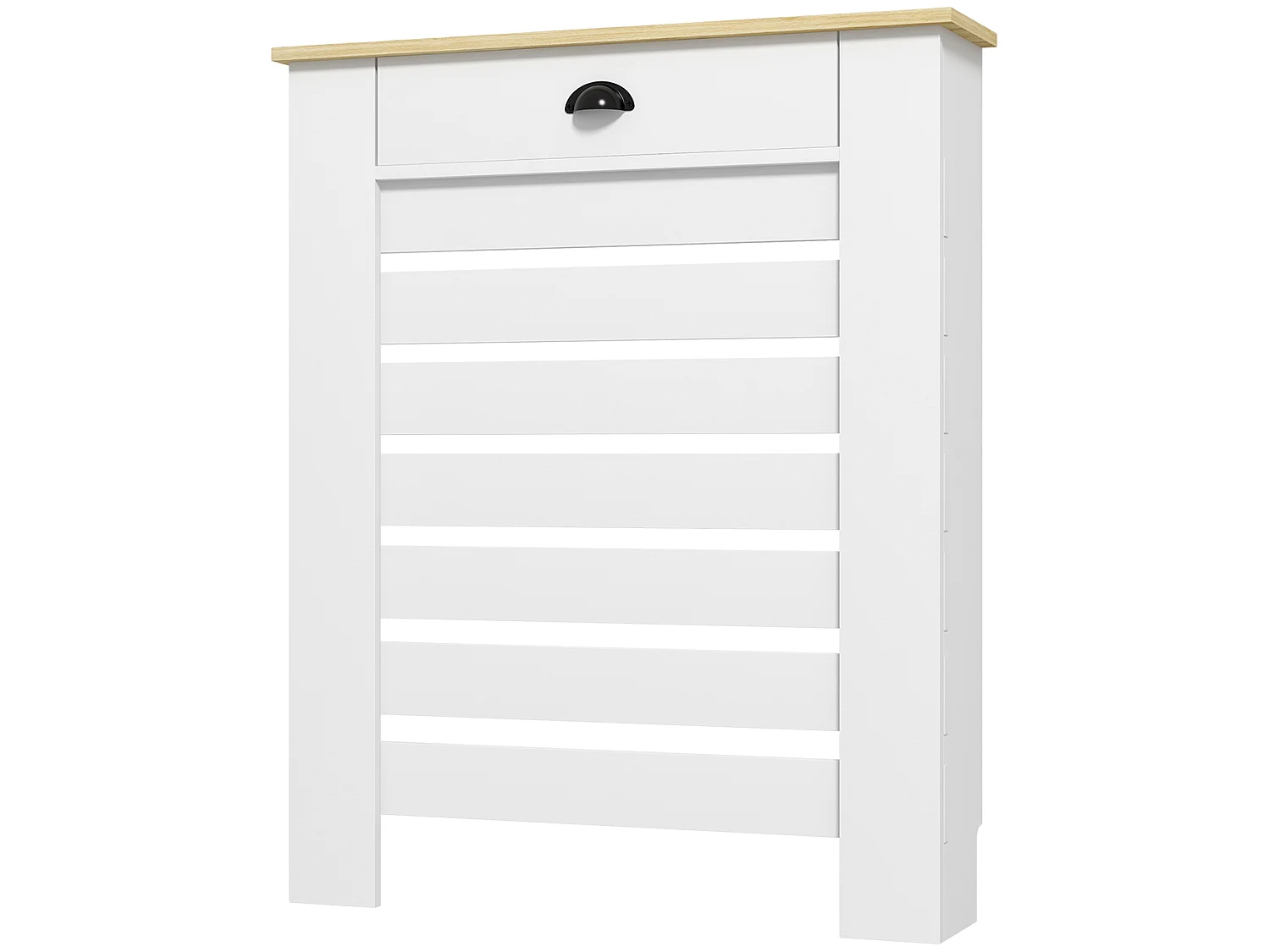Cache-radiateur design panneau avec tiroir lattes horizontales dim. 78 x 19 x 95 cm effet bois clair blanc
