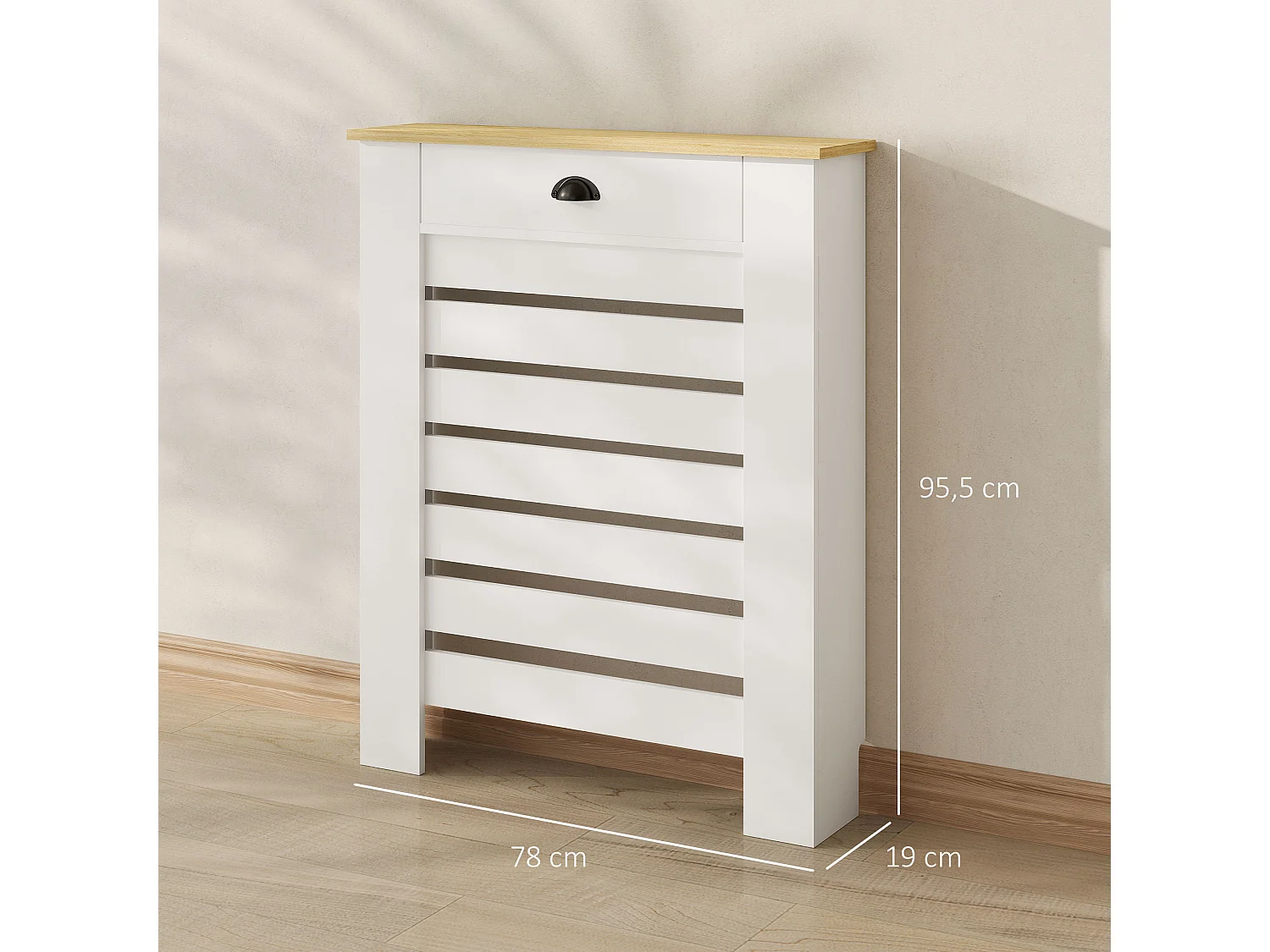 Cache-radiateur design panneau avec tiroir lattes horizontales dim. 78 x 19 x 95 cm effet bois clair blanc