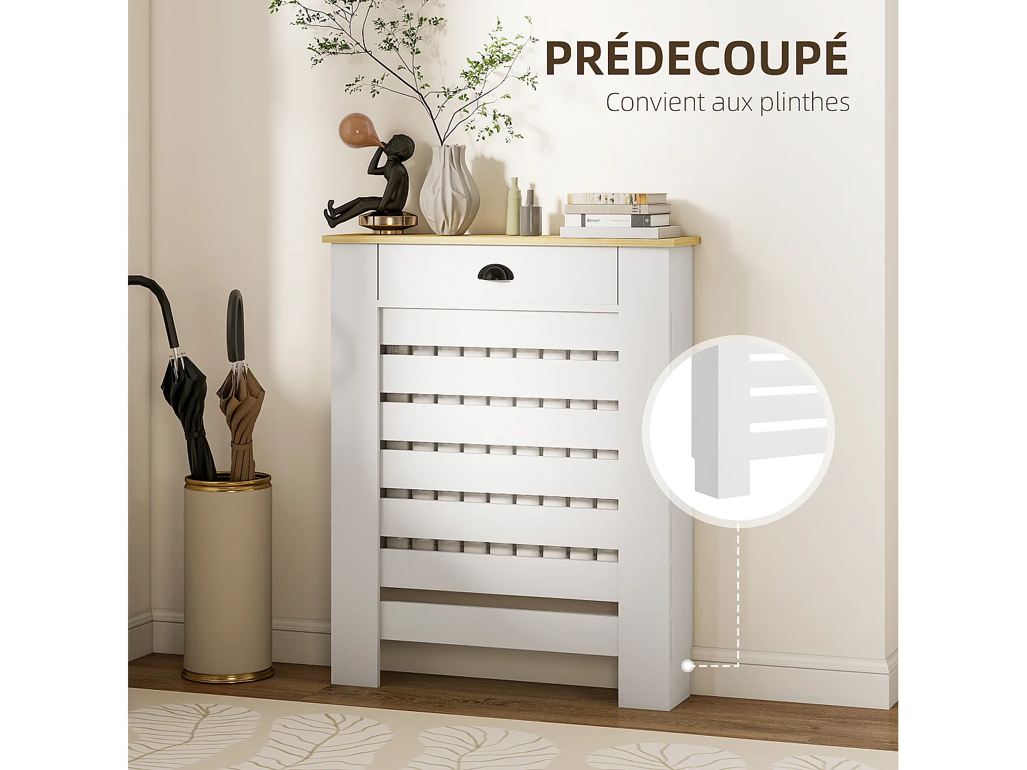 Cache-radiateur design panneau avec tiroir lattes horizontales dim. 78 x 19 x 95 cm effet bois clair blanc