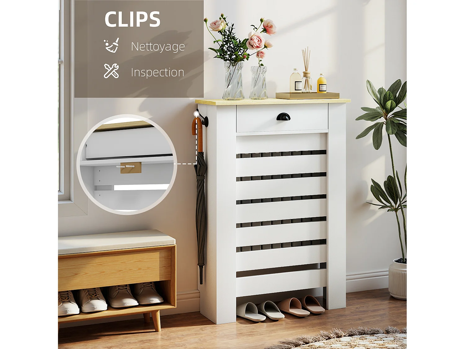 Cache-radiateur design panneau avec tiroir lattes horizontales dim. 78 x 19 x 95 cm effet bois clair blanc