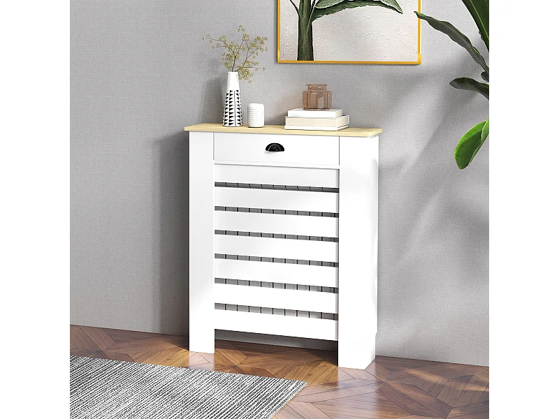 Cache-radiateur design panneau avec tiroir lattes horizontales dim. 78 x 19 x 95 cm effet bois clair blanc
