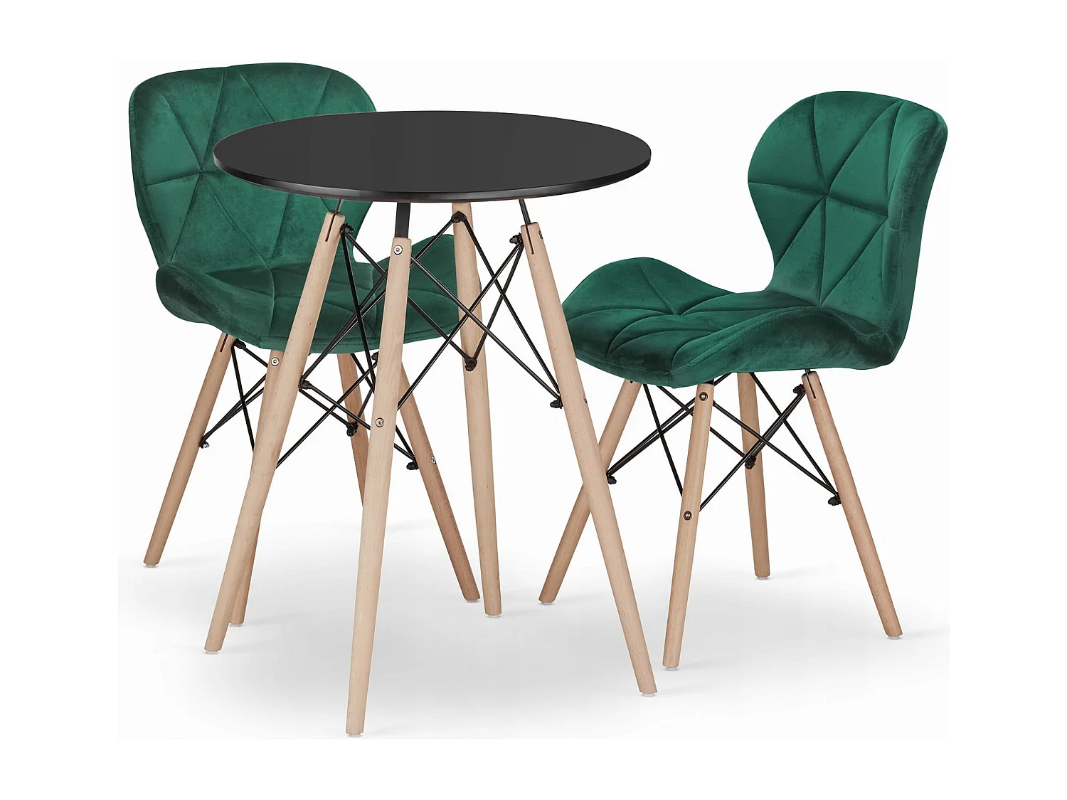 Ensemble Valora : table ronde KOVA 60 noire + 2 chaises WAKO vertes (x2)