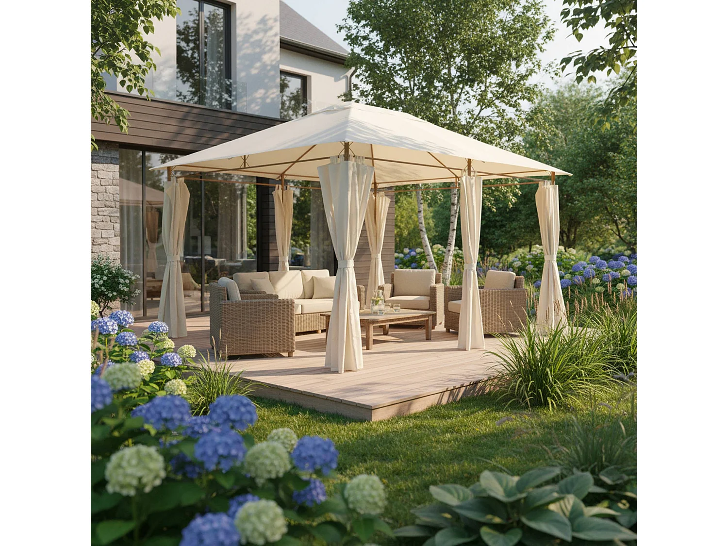 Tonnelle 3x4 m - Divio - Imitation bois. toile écru - Pergola avec rideaux. tente de jardin. barnum. chapiteau. réception