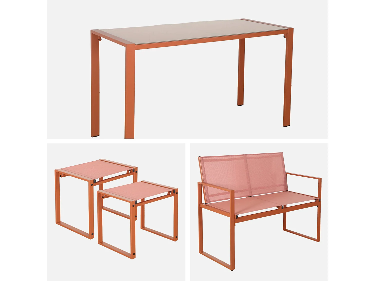 Table de jardin encastrable acier et textilène + 4 assises terracotta 125cm - Tavena