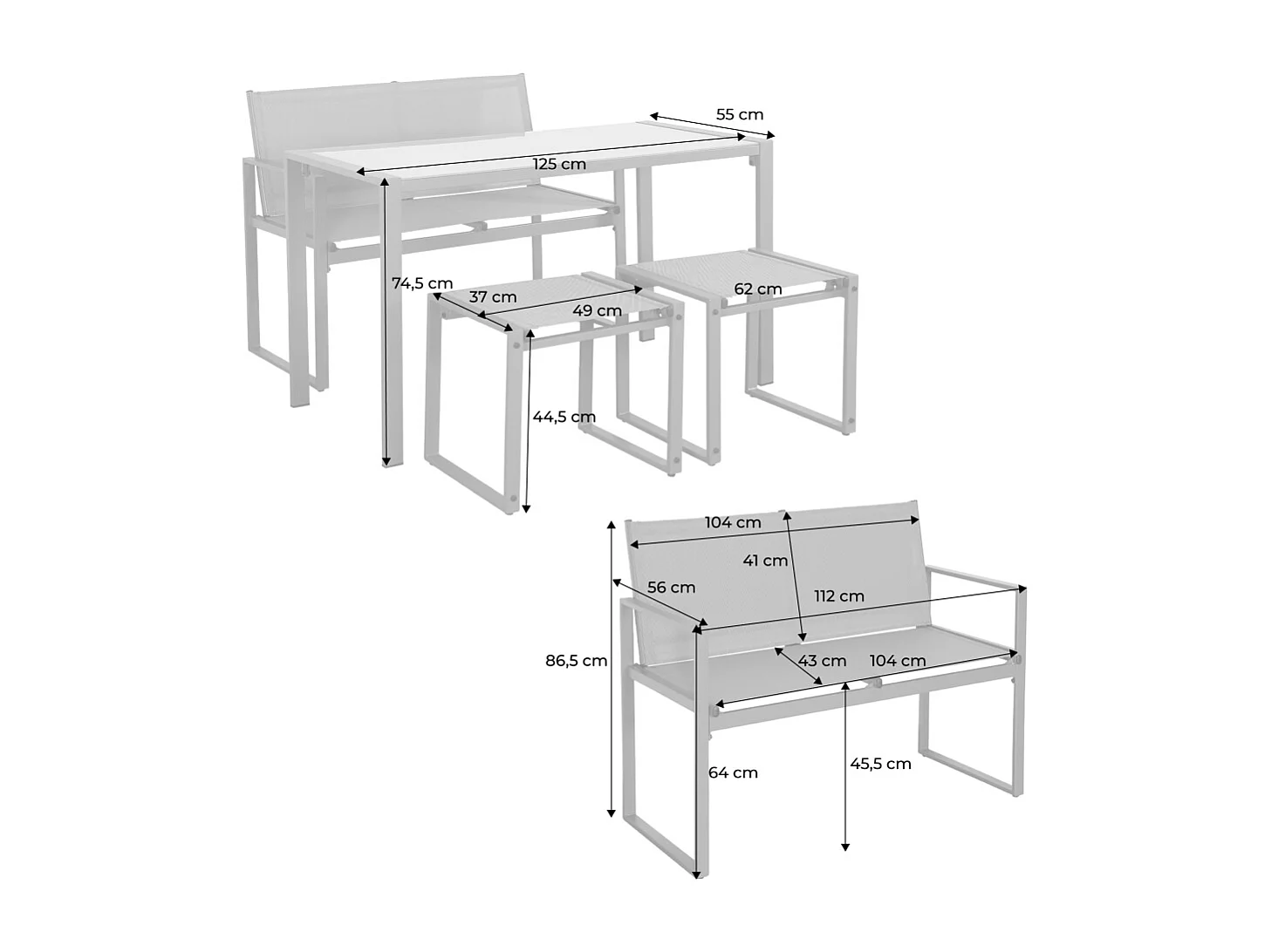 Set tavolo da giardino incastrabile in acciaio e textilene con 4