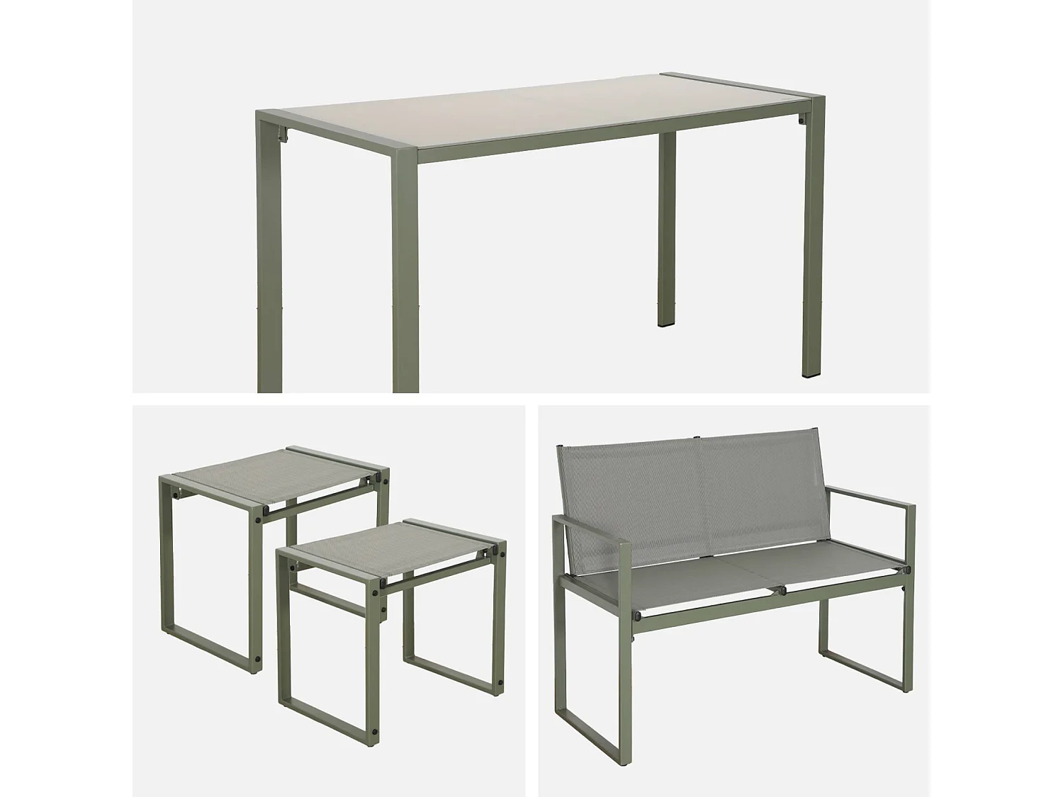Table de jardin encastrable acier et textilène + 4 assises kaki 125cm - Tavena