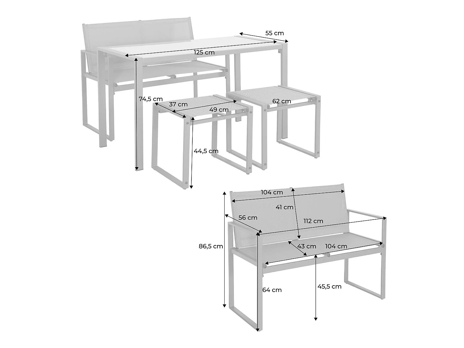 Set tavolo da giardino incastrabile in acciaio e textilene con 4