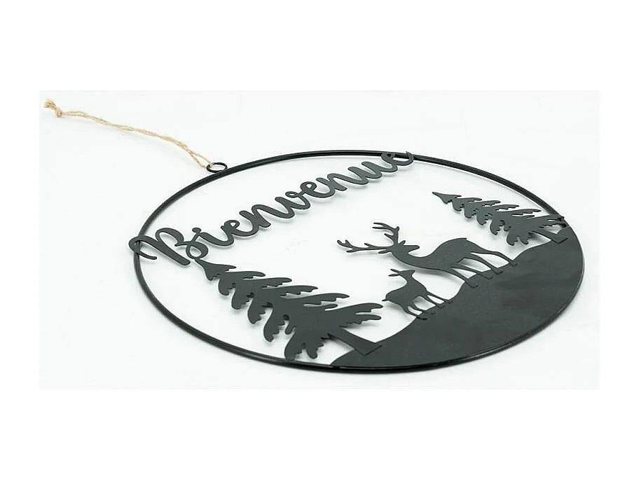 Décor mural rond en métal noir – Forêt et cerfs avec inscription > Ø30 cm