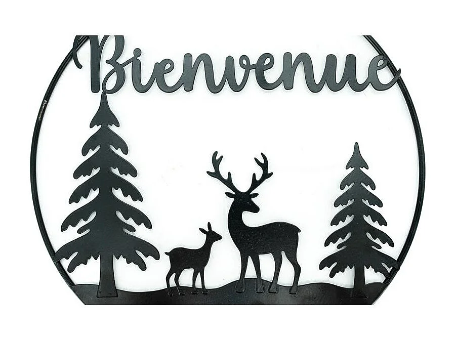 Décor mural rond en métal noir – Forêt et cerfs avec inscription > Ø30 cm