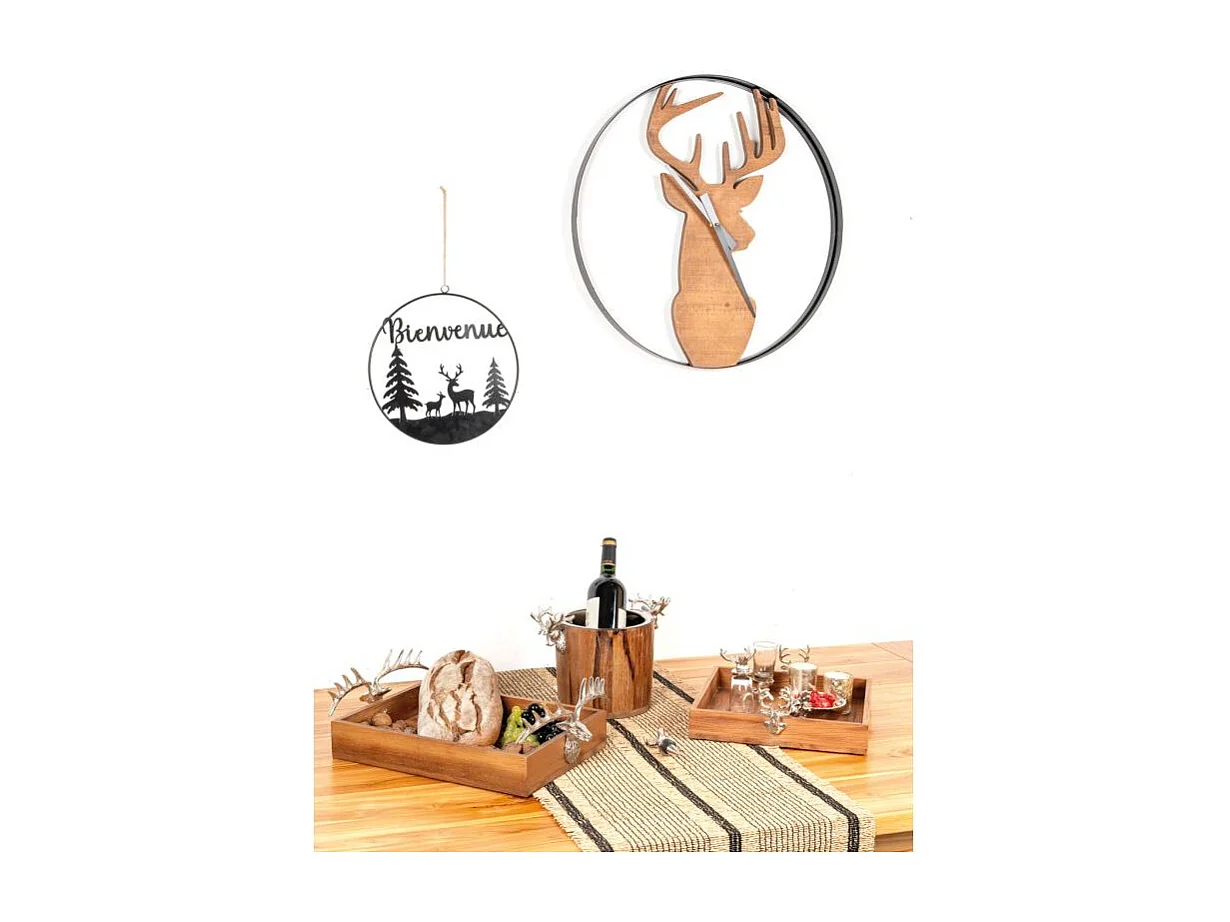 Décor mural rond en métal noir – Forêt et cerfs avec inscription > Ø30 cm