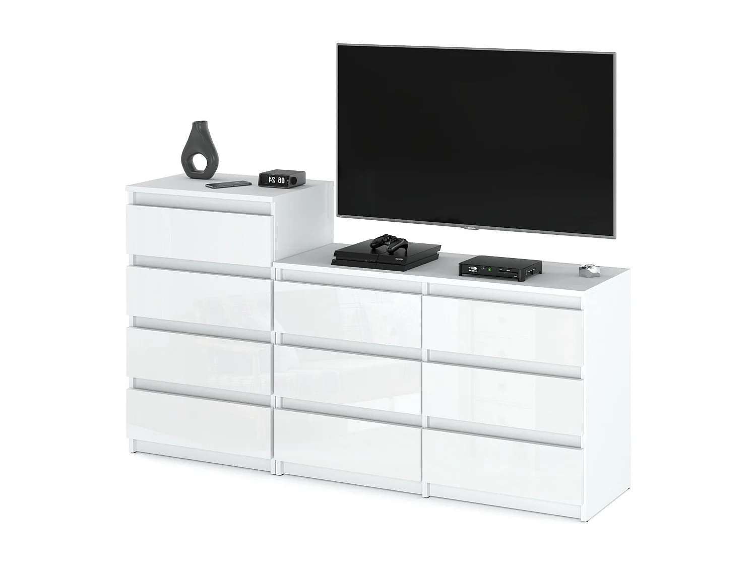 Grande commode avec 10 tiroirs  Blanc Brillant 160 cm – meuble TV, buffet, armoire pour salon