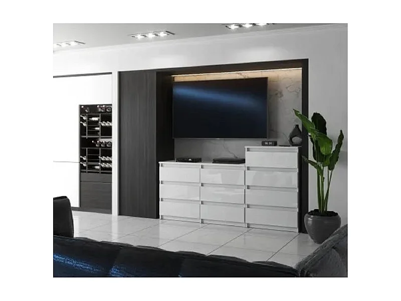Grande commode avec 10 tiroirs  Blanc Brillant 160 cm – meuble TV, buffet, armoire pour salon