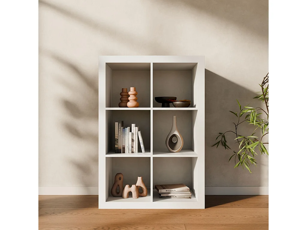 Etagère bibliothèque 2 niveaux 6 compartiments. casiers. effet bois blanc. L 111.2 x P 39 x H 76cm