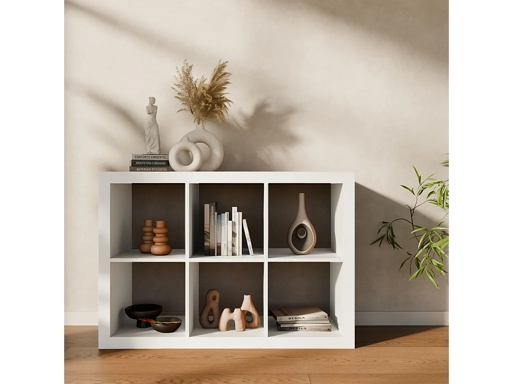 Etagère bibliothèque 2 niveaux 6 compartiments. casiers. effet bois blanc. L 111.2 x P 39 x H 76cm