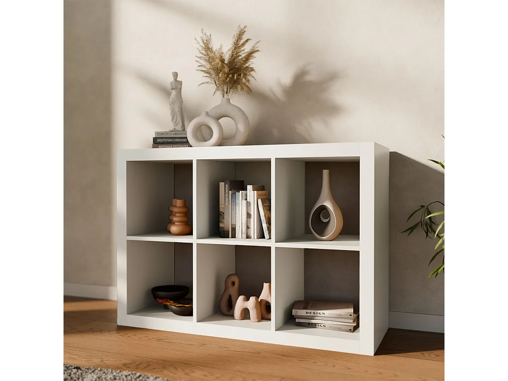 Etagère bibliothèque 2 niveaux 6 compartiments. casiers. effet bois blanc. L 111.2 x P 39 x H 76cm