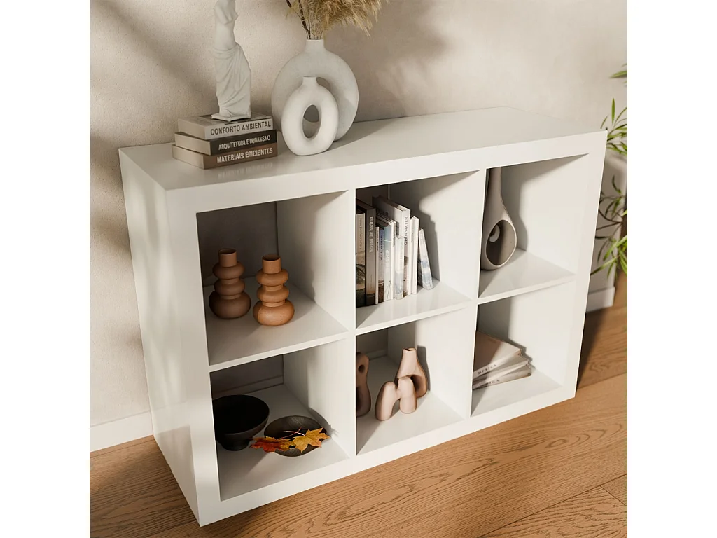 Etagère bibliothèque 2 niveaux 6 compartiments. casiers. effet bois blanc. L 111.2 x P 39 x H 76cm