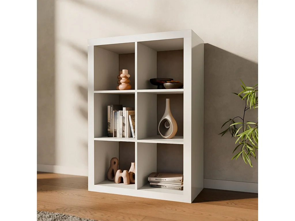 Etagère bibliothèque 2 niveaux 6 compartiments. casiers. effet bois blanc. L 111.2 x P 39 x H 76cm