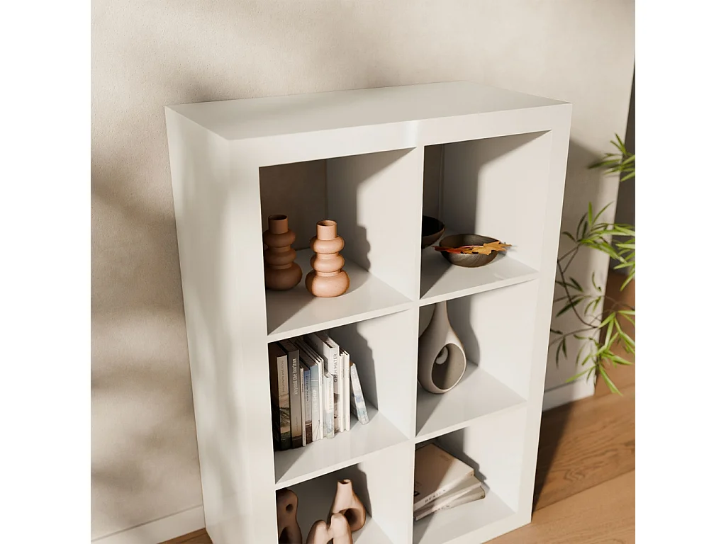 Etagère bibliothèque 2 niveaux 6 compartiments. casiers. effet bois blanc. L 111.2 x P 39 x H 76cm