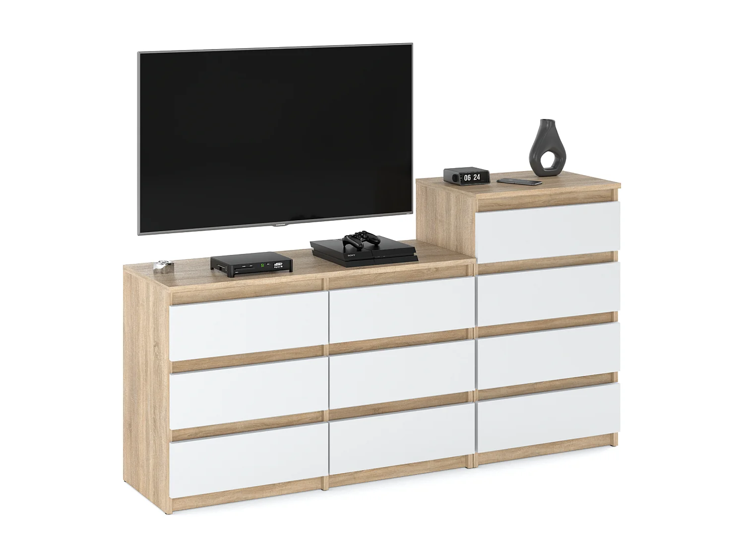 Grande commode avec  10 tiroirs Chêne Sonoma + Blanc 160 cm – meuble TV, buffet, armoire pour salon