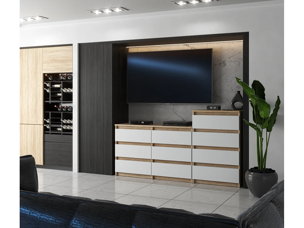 Grande commode avec  10 tiroirs Chêne Sonoma + Blanc 160 cm – meuble TV, buffet, armoire pour salon