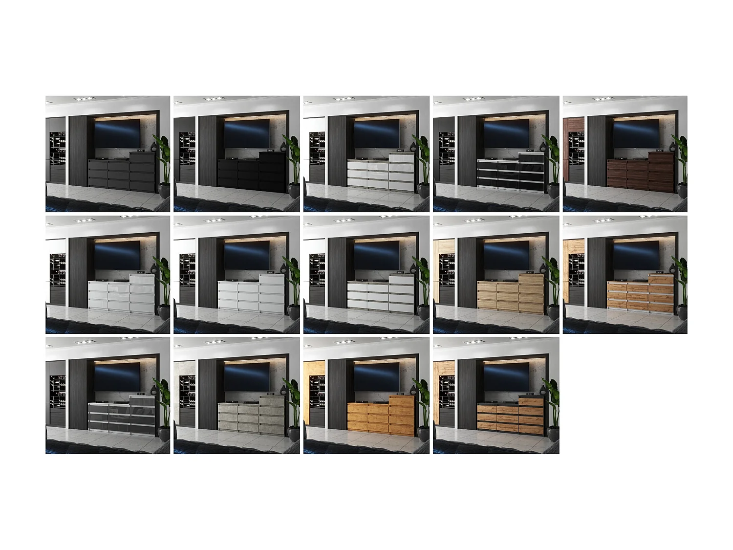 Grande commode avec  10 tiroirs Gris+ Chêne Wotan 160 cm – meuble TV, buffet, armoire pour salon