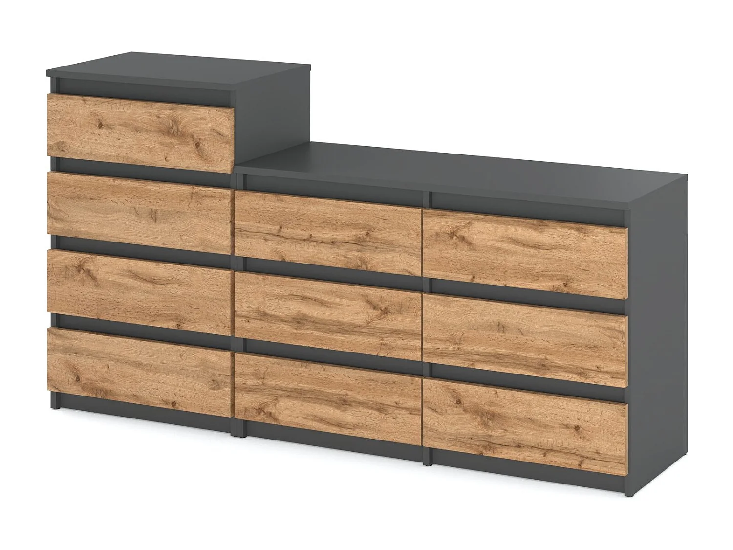 Grande commode avec  10 tiroirs Gris+ Chêne Wotan 160 cm – meuble TV, buffet, armoire pour salon