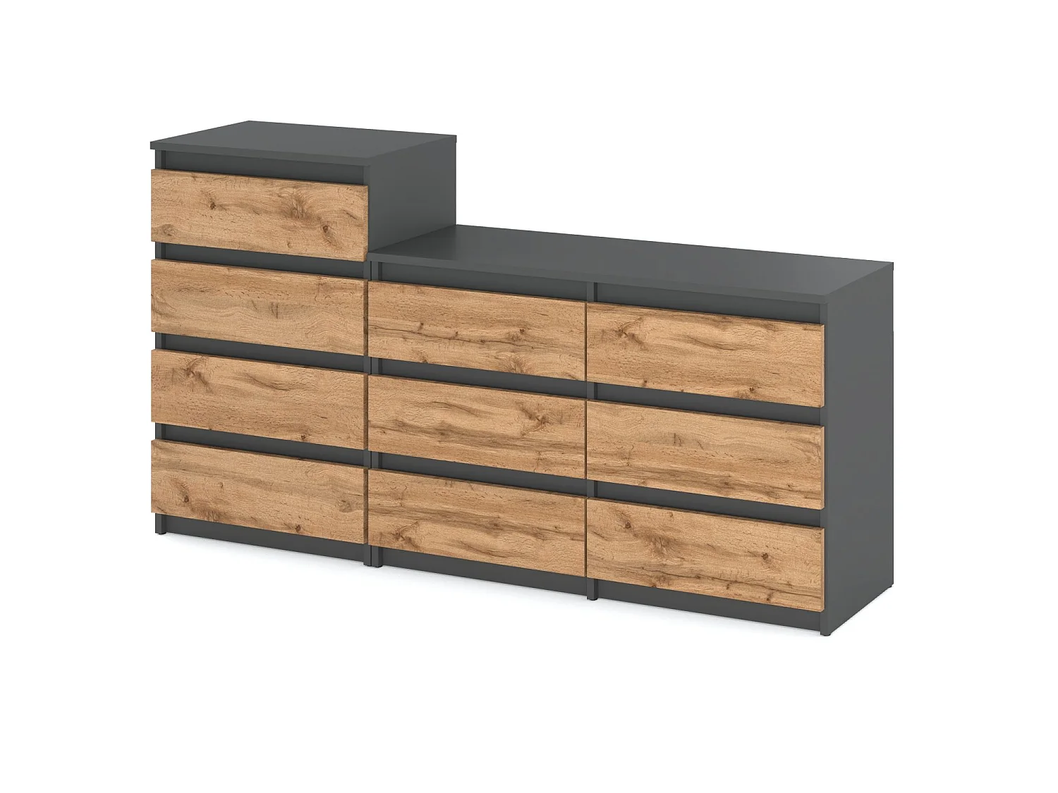 Grande commode avec  10 tiroirs Gris+ Chêne Wotan 160 cm – meuble TV, buffet, armoire pour salon