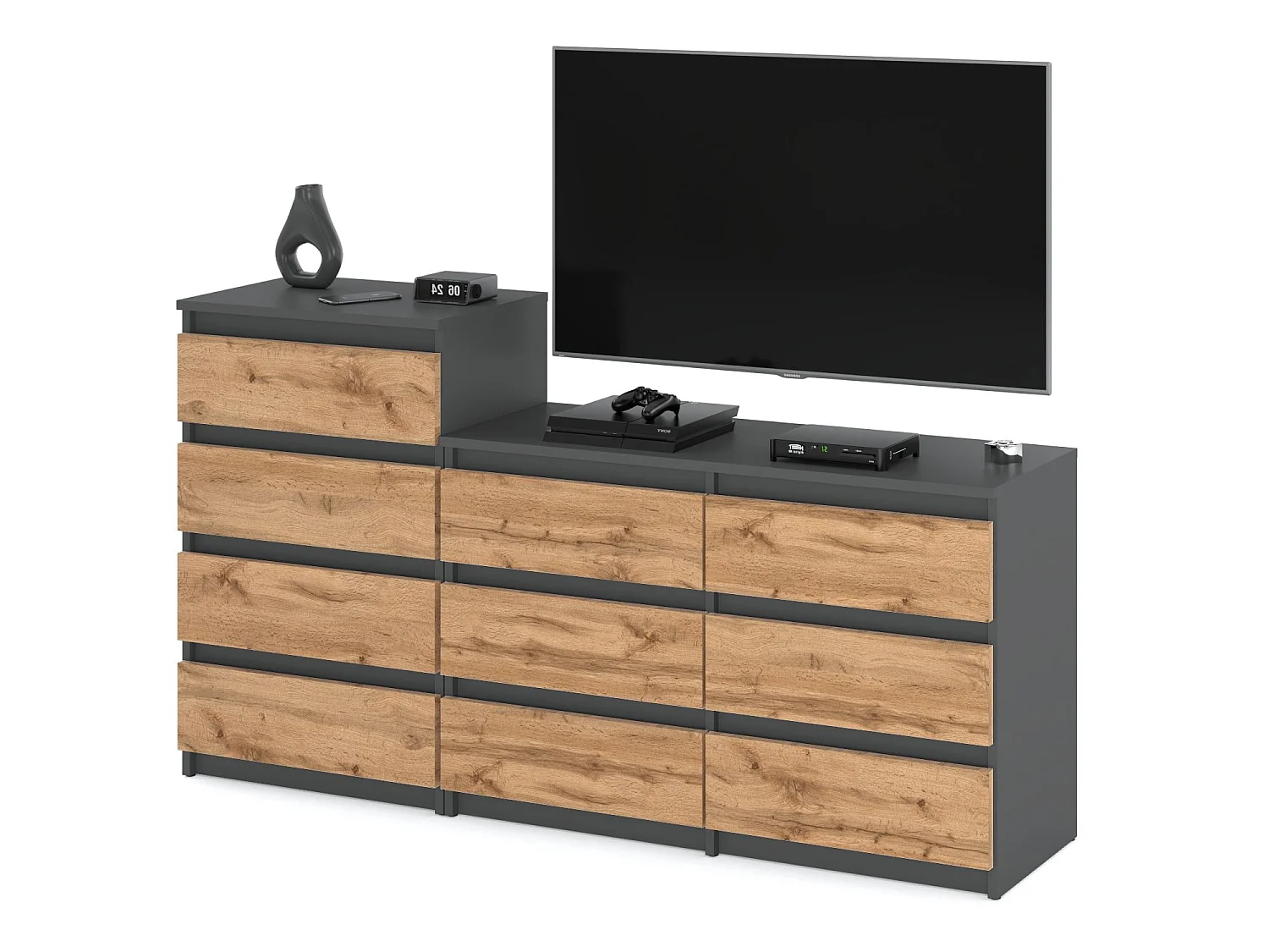 Grande commode avec  10 tiroirs Gris+ Chêne Wotan 160 cm – meuble TV, buffet, armoire pour salon