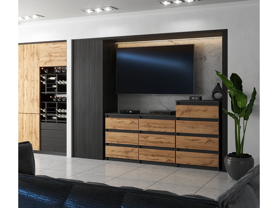 Grande commode avec  10 tiroirs Gris+ Chêne Wotan 160 cm – meuble TV, buffet, armoire pour salon