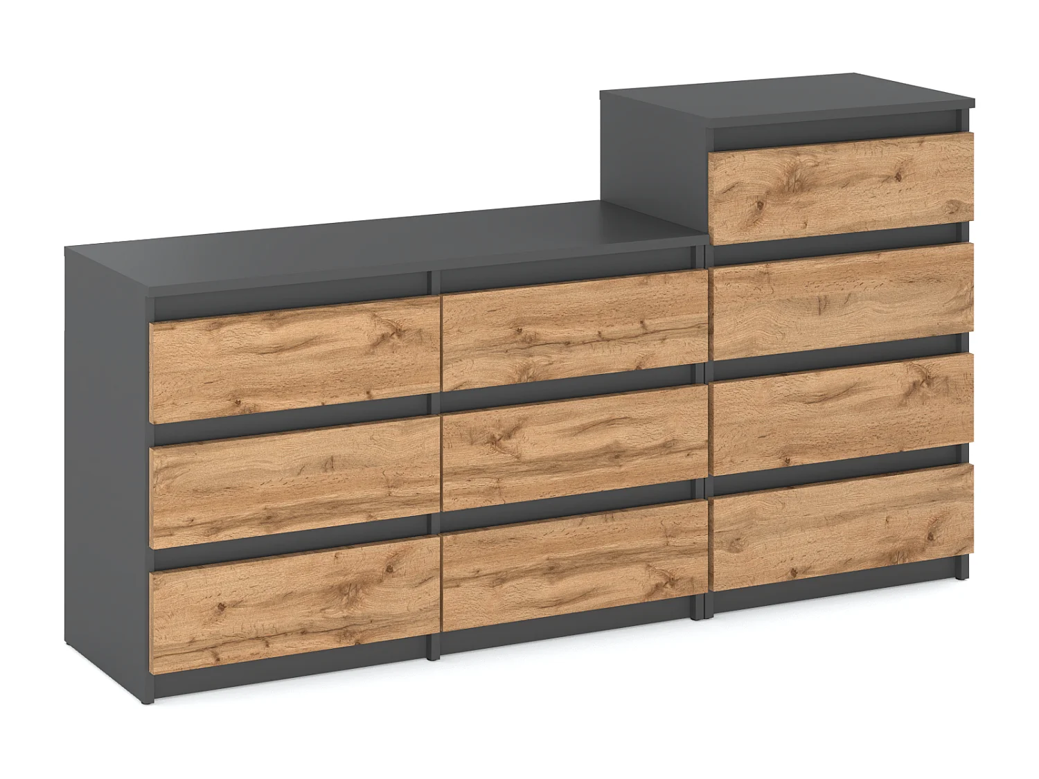 Grande commode avec  10 tiroirs Gris+ Chêne Wotan 160 cm – meuble TV, buffet, armoire pour salon