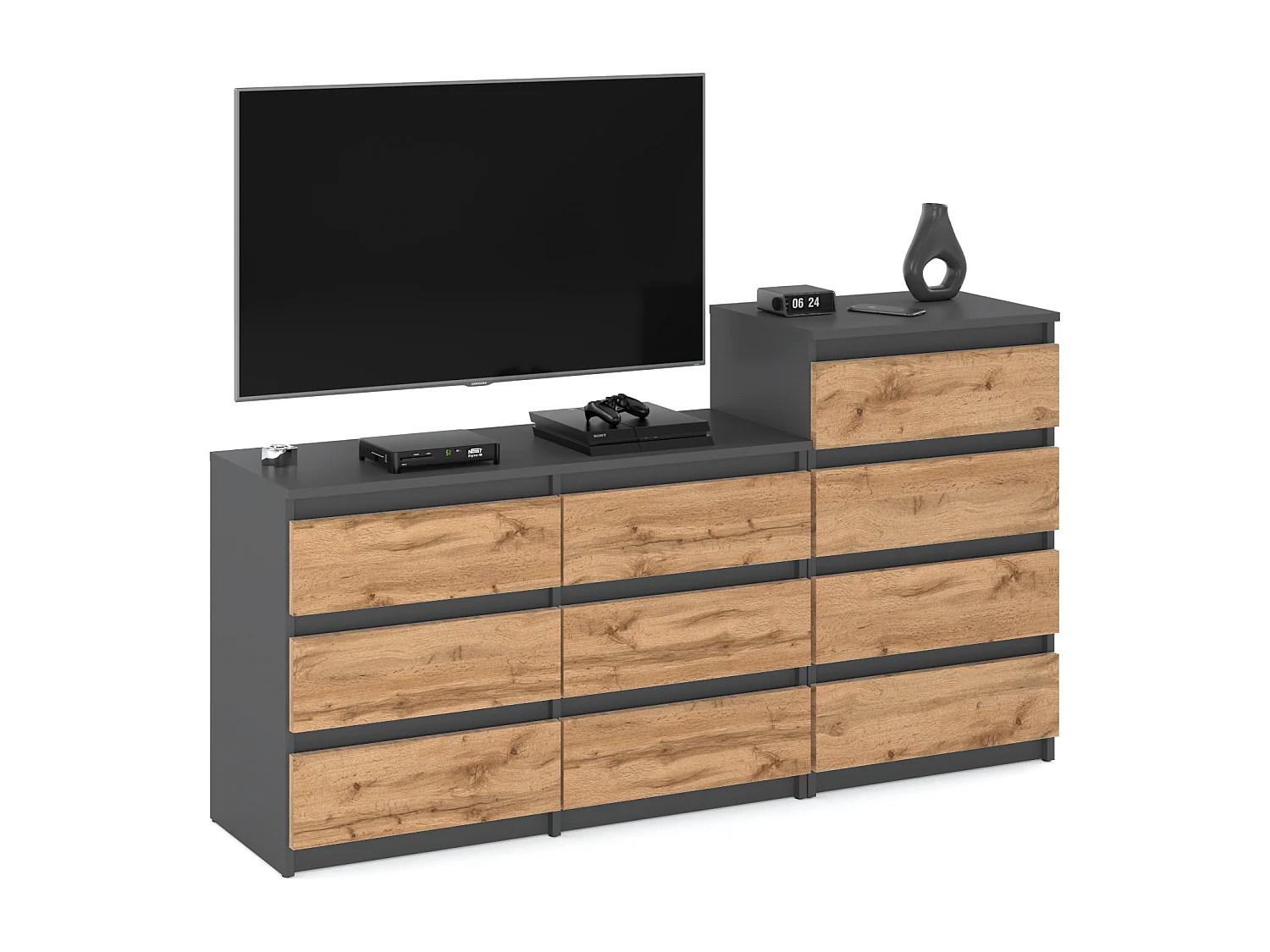 Grande commode avec  10 tiroirs Gris+ Chêne Wotan 160 cm – meuble TV, buffet, armoire pour salon