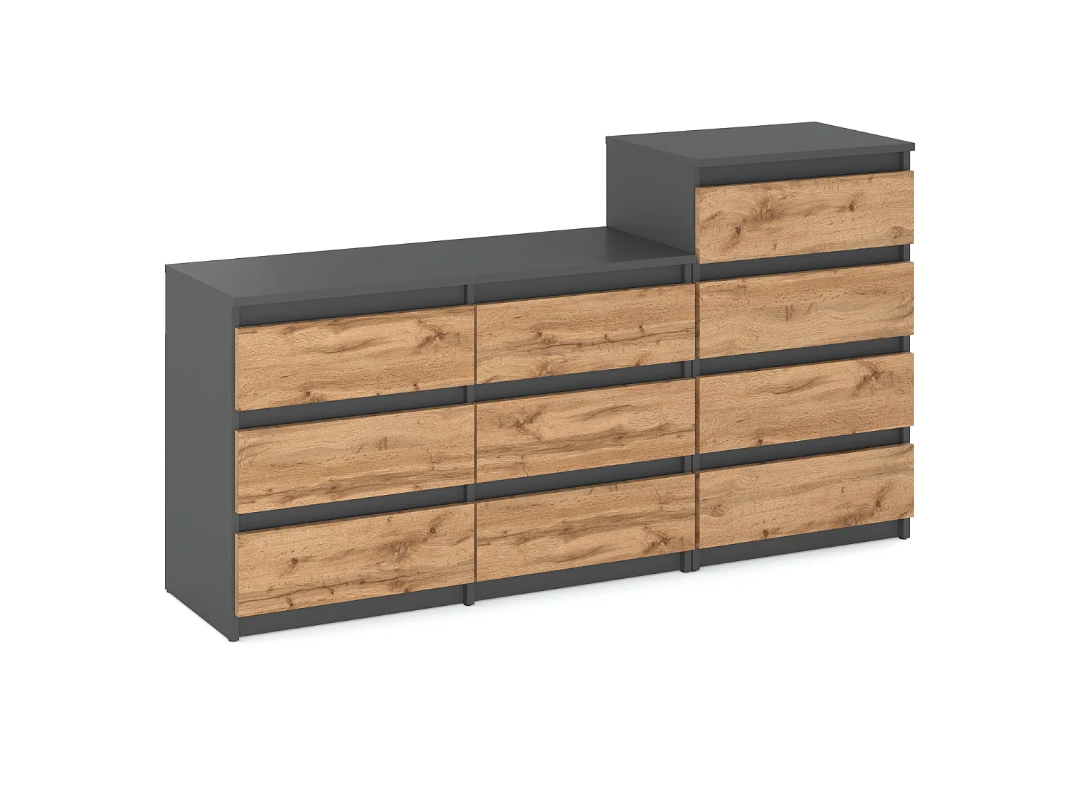 Grande commode avec  10 tiroirs Gris+ Chêne Wotan 160 cm – meuble TV, buffet, armoire pour salon
